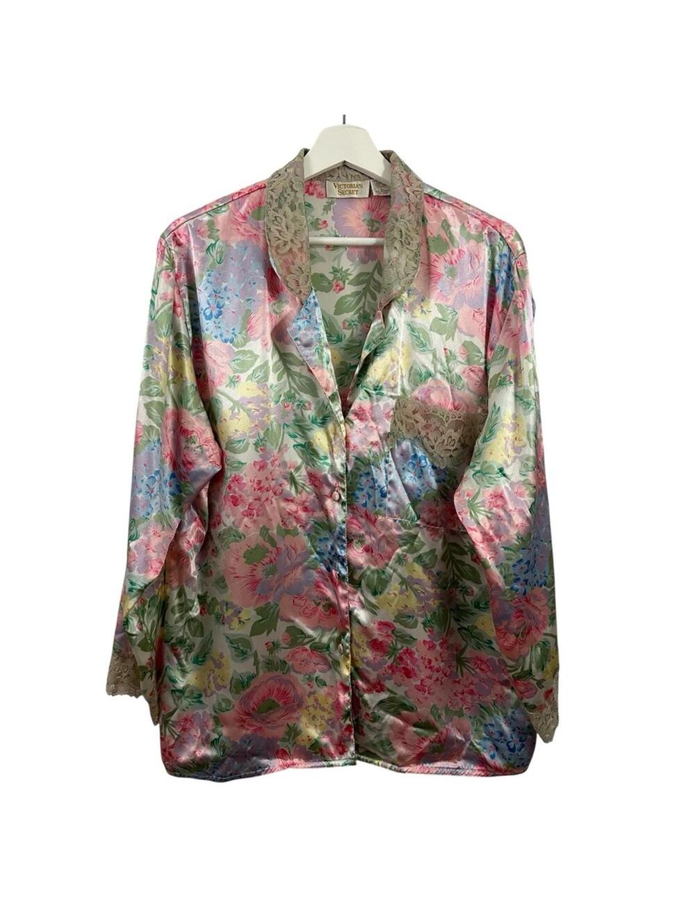 Victoria's Secret Gold Label Pajama Top Pink Floral Satin Lace Neck Size L